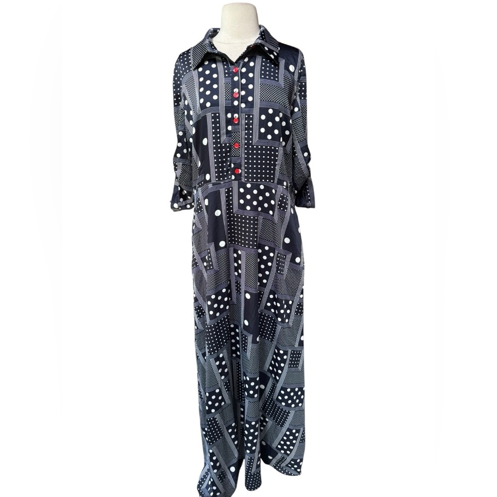 1970s Dawn Line Geometric/Polka Dot Pattern Half Button Closure Maxi Dress